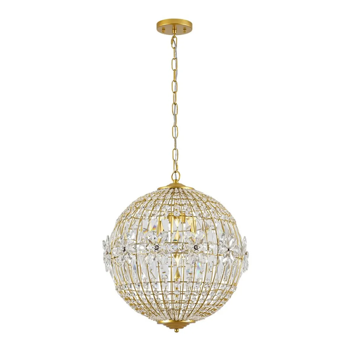 French Luxury Brass Floral Crystal Globe Chandelier