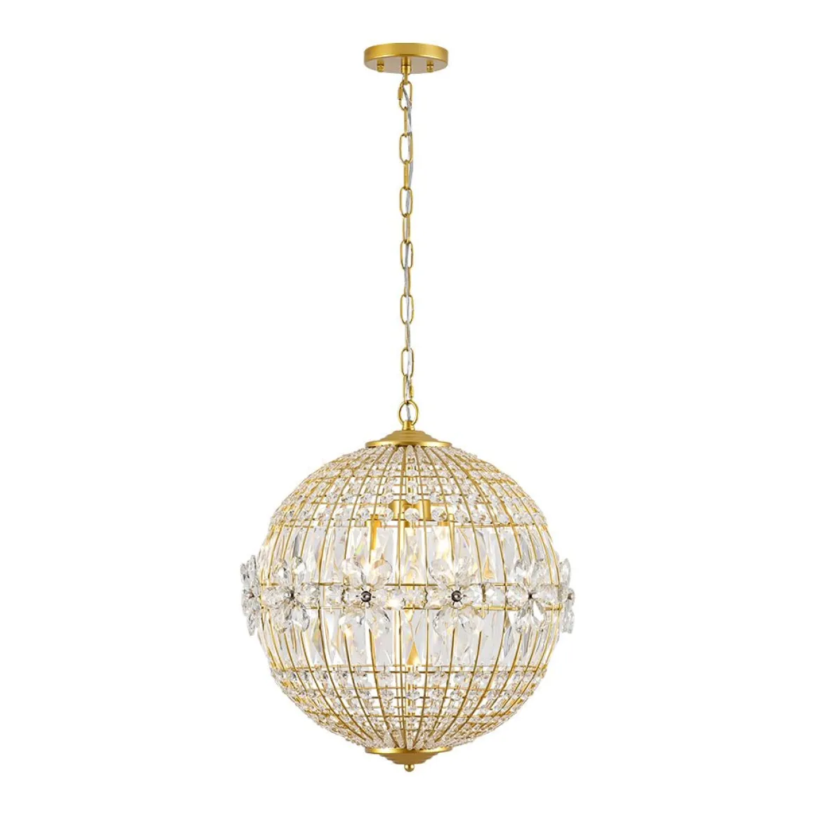 French Luxury Brass Floral Crystal Globe Chandelier