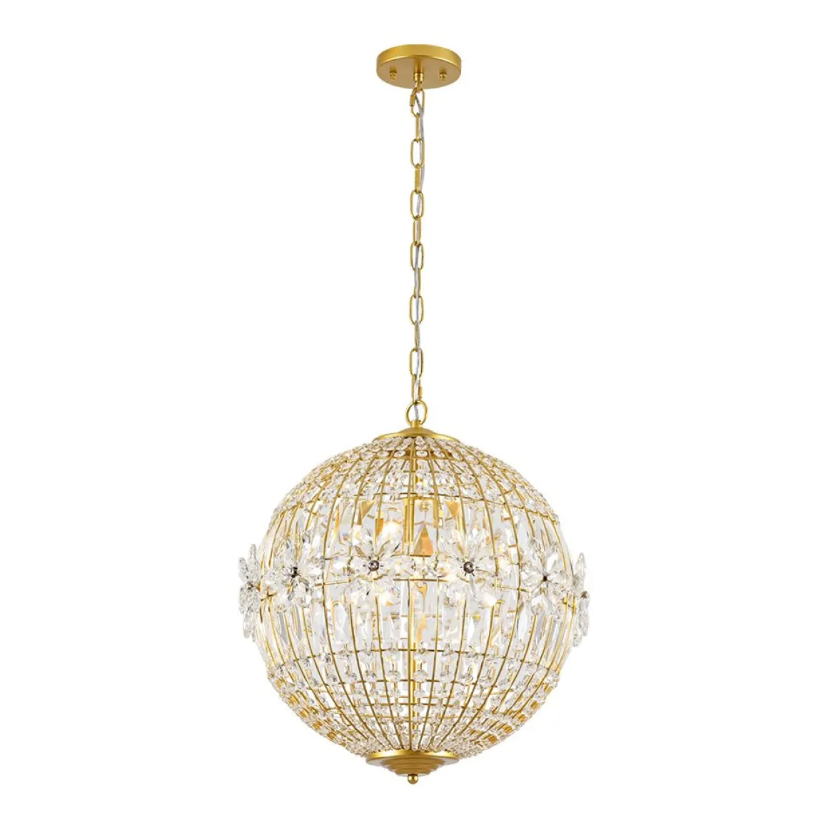 French Luxury Brass Floral Crystal Globe Chandelier