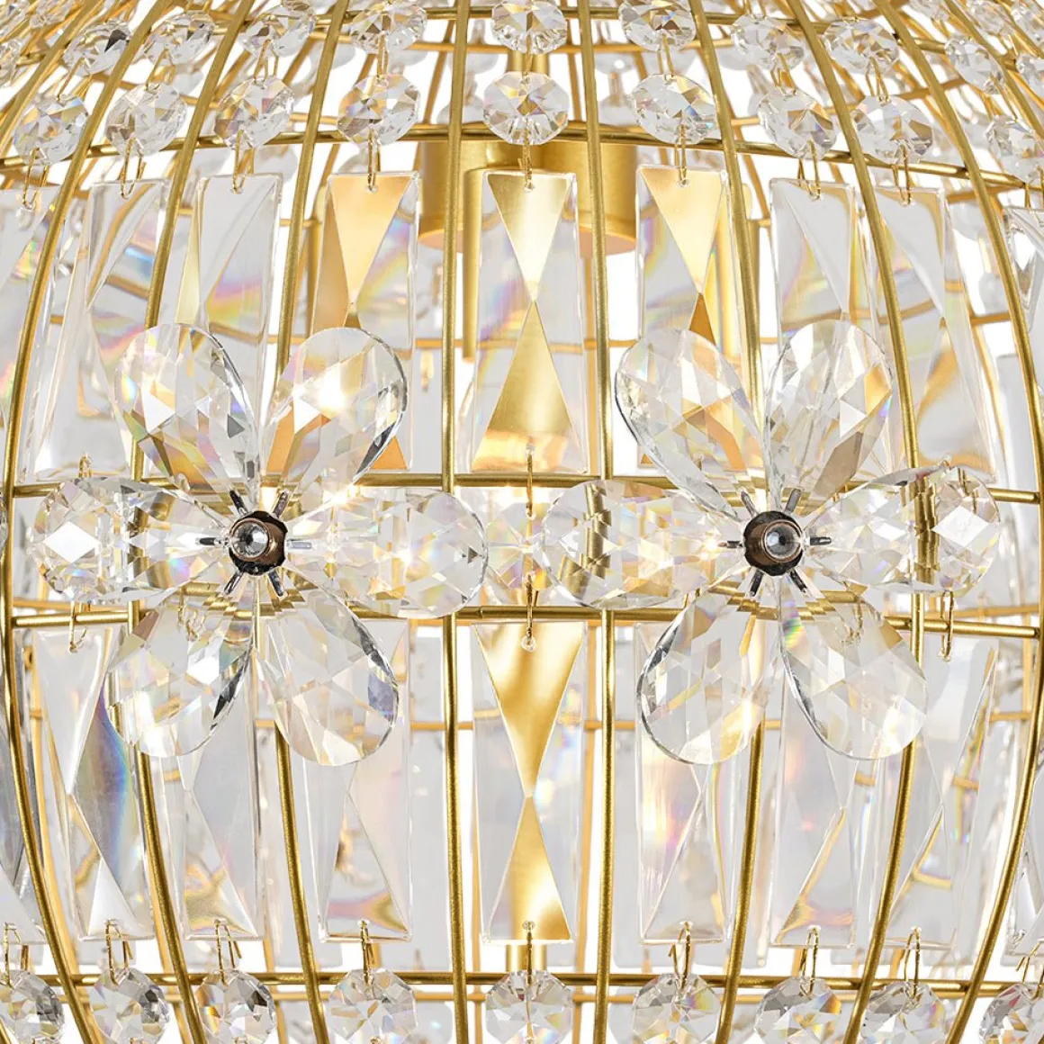 French Luxury Brass Floral Crystal Globe Chandelier