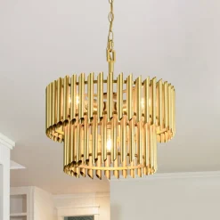 French Luxury Gold 2-Tier Metal Drum Cage Chandelier