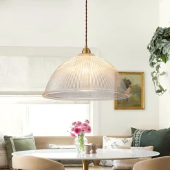 French Retro 1-Light Clear Ribbed Glass Dome Pendant
