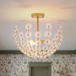 French Sculpture Brass Bloom Glass Floral Semi Flush Mount