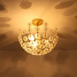 French Sculpture Brass Bloom Glass Floral Semi Flush Mount
