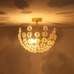 French Sculpture Brass Bloom Glass Floral Semi Flush Mount