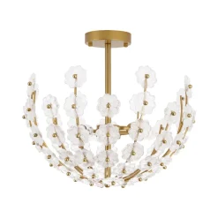 French Sculpture Brass Bloom Glass Floral Semi Flush Mount