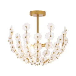 French Sculpture Brass Bloom Glass Floral Semi Flush Mount