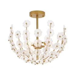 French Sculpture Brass Bloom Glass Floral Semi Flush Mount