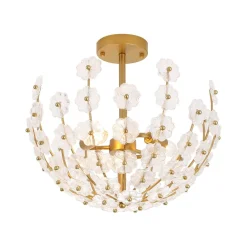 French Sculpture Brass Bloom Glass Floral Semi Flush Mount