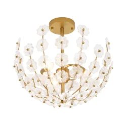 French Sculpture Brass Bloom Glass Floral Semi Flush Mount