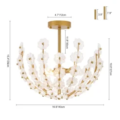 French Sculpture Brass Bloom Glass Floral Semi Flush Mount