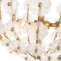 French Sculpture Brass Bloom Glass Floral Semi Flush Mount