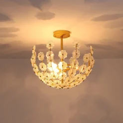 French Sculpture Brass Bloom Glass Floral Semi Flush Mount