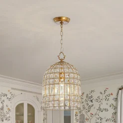 French Shabby Chic Antique Brass Crystal Cage Chandelier