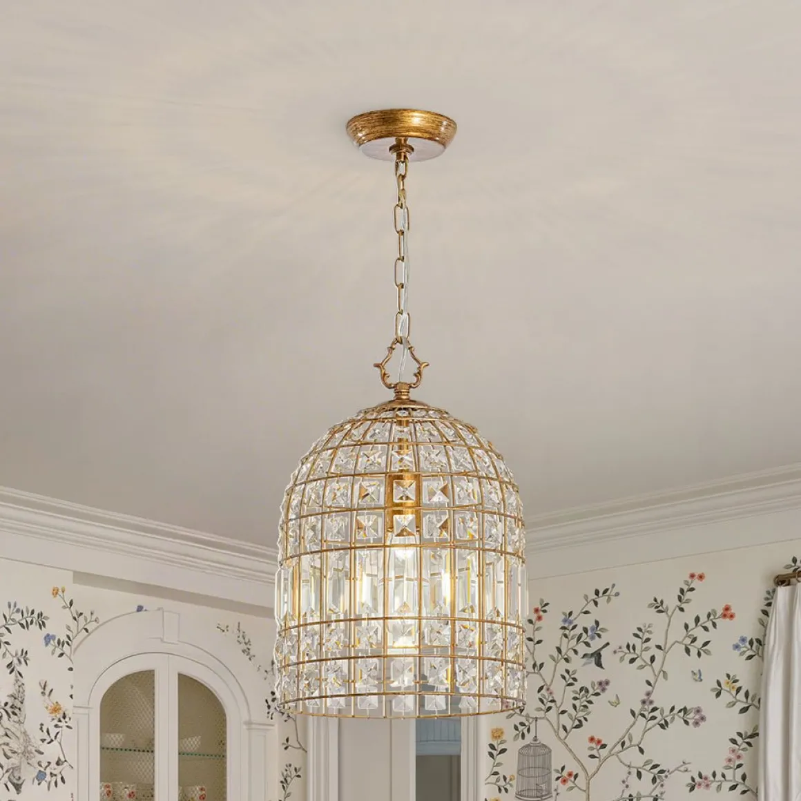 French Shabby Chic Antique Brass Crystal Cage Chandelier