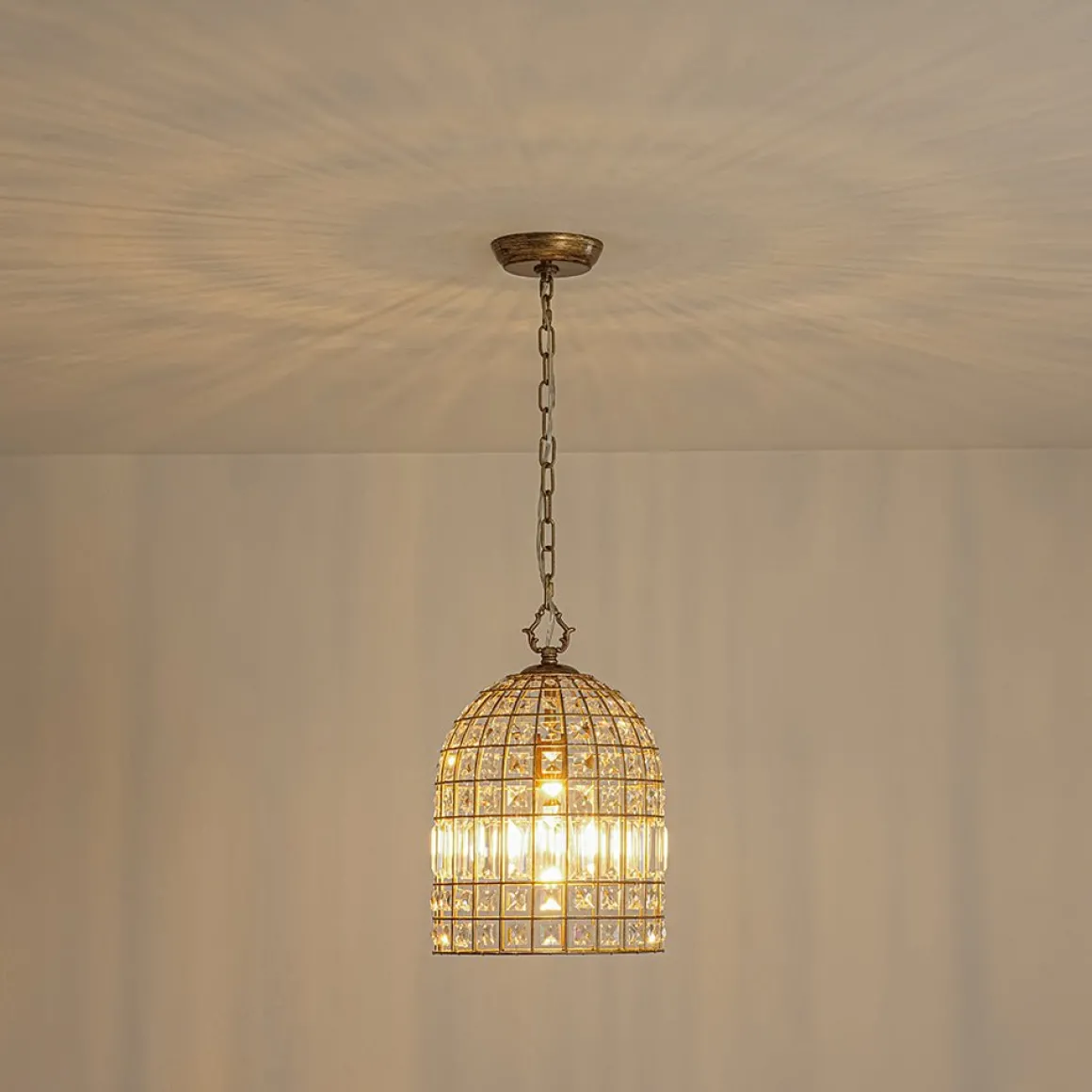 French Shabby Chic Antique Brass Crystal Cage Chandelier