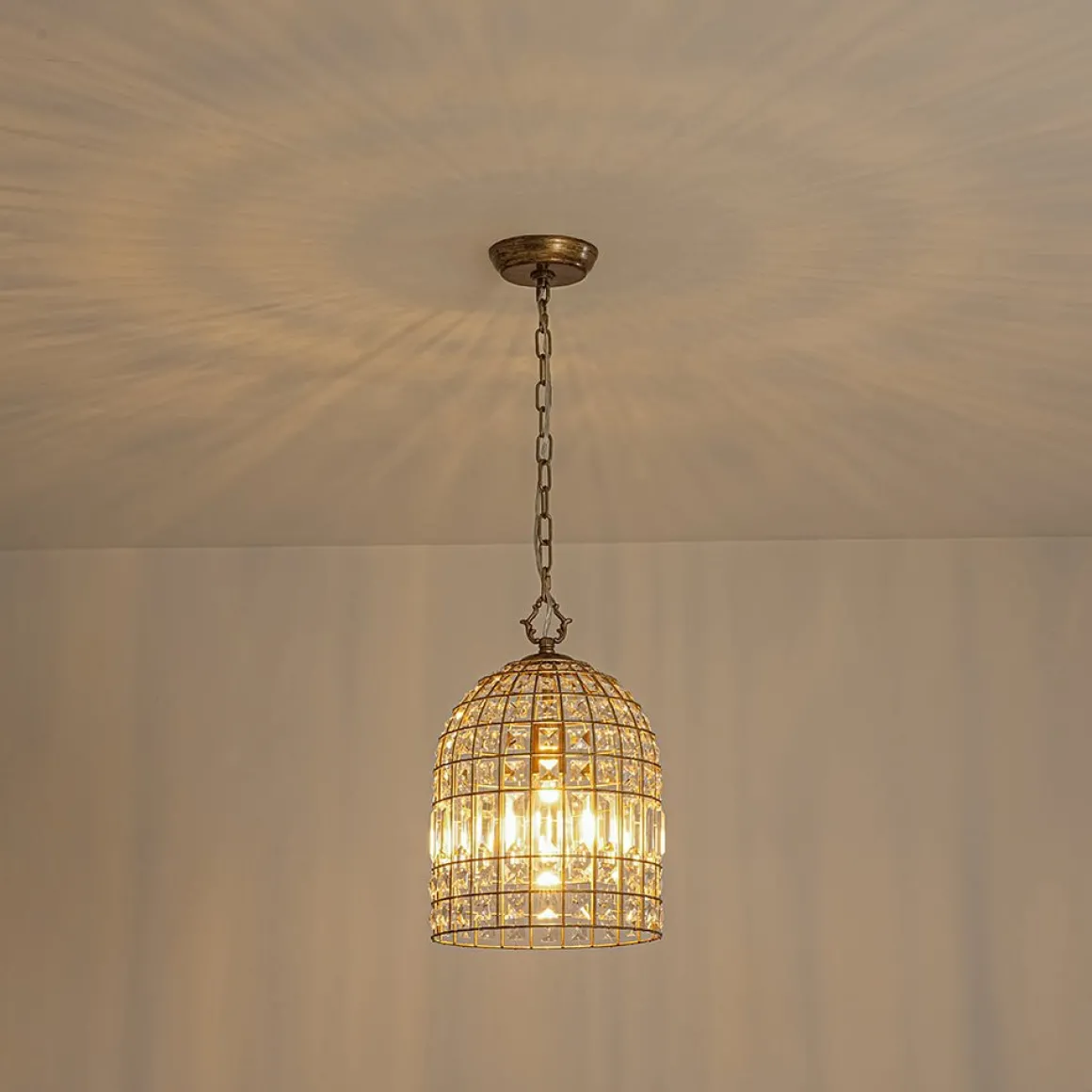 French Shabby Chic Antique Brass Crystal Cage Chandelier