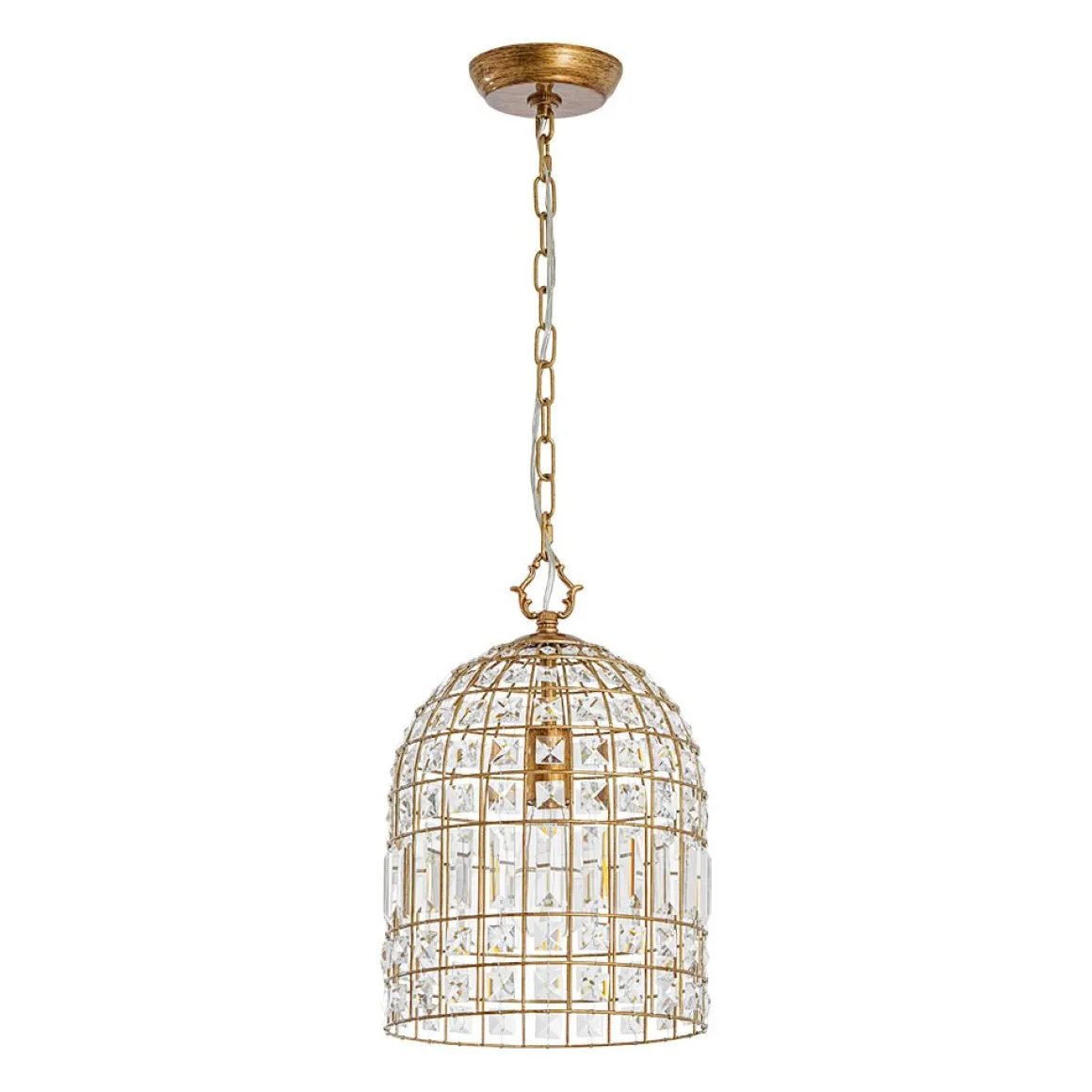French Shabby Chic Antique Brass Crystal Cage Chandelier