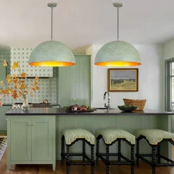 French Shabby Chic Weathered Patina Green Oversized Dome Pendant