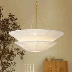French 2-Tier Beige Woven Thread Cone Round Cage Chandelier