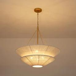 French 2-Tier Beige Woven Thread Cone Round Cage Chandelier