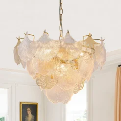French Tiered Ginkgo Leaf Textured Glass Round Chandelier