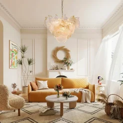 French Tiered Ginkgo Leaf Textured Glass Round Chandelier