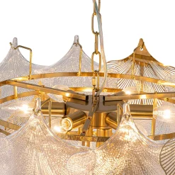 French Tiered Ginkgo Leaf Textured Glass Round Chandelier