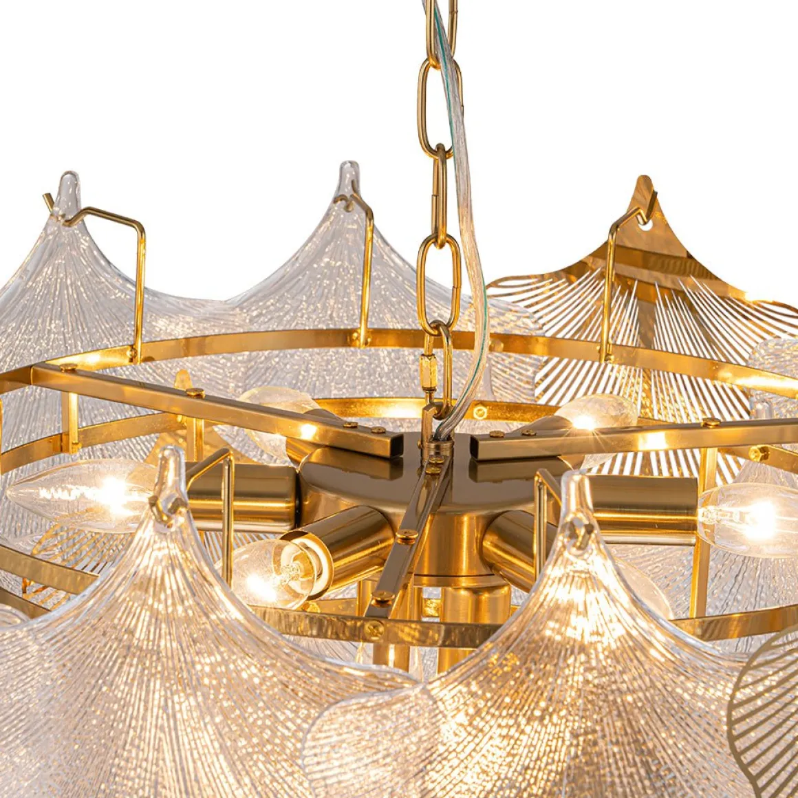 French Tiered Ginkgo Leaf Textured Glass Round Chandelier