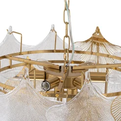 French Tiered Ginkgo Leaf Textured Glass Round Chandelier