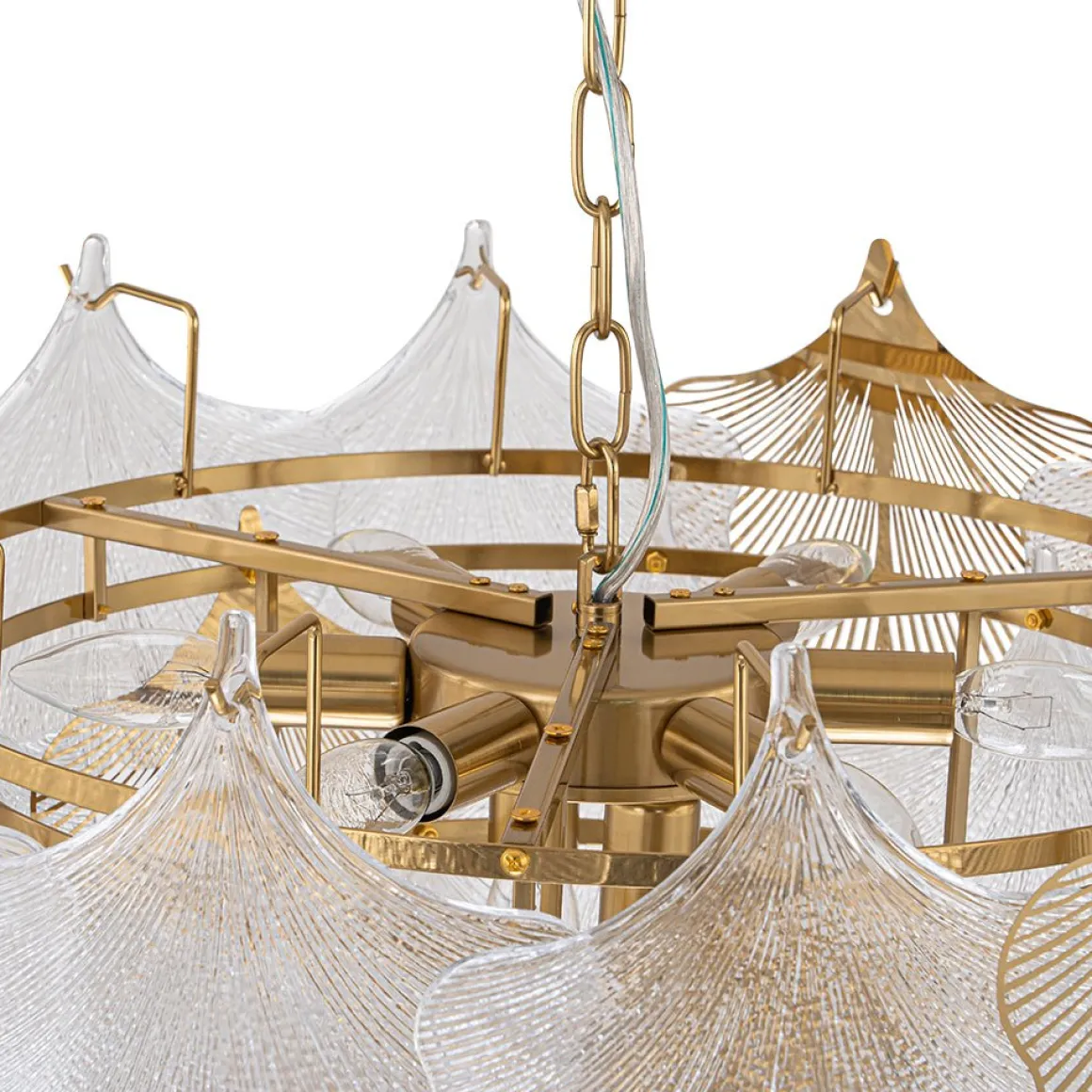 French Tiered Ginkgo Leaf Textured Glass Round Chandelier