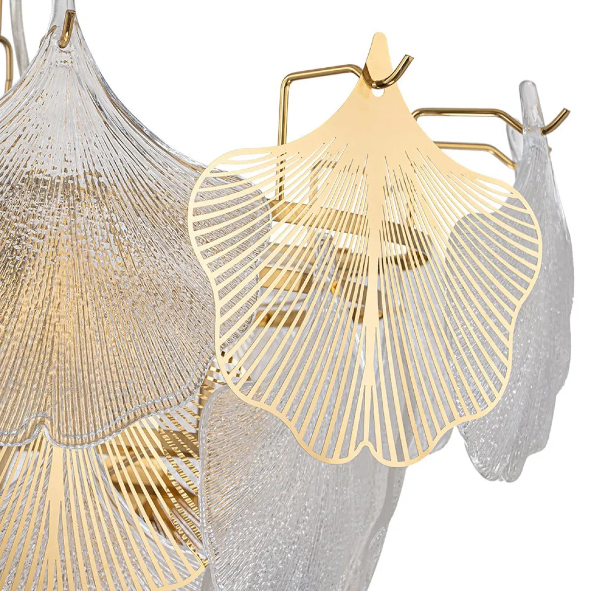 French Tiered Ginkgo Leaf Textured Glass Round Chandelier