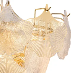 French Tiered Ginkgo Leaf Textured Glass Round Chandelier
