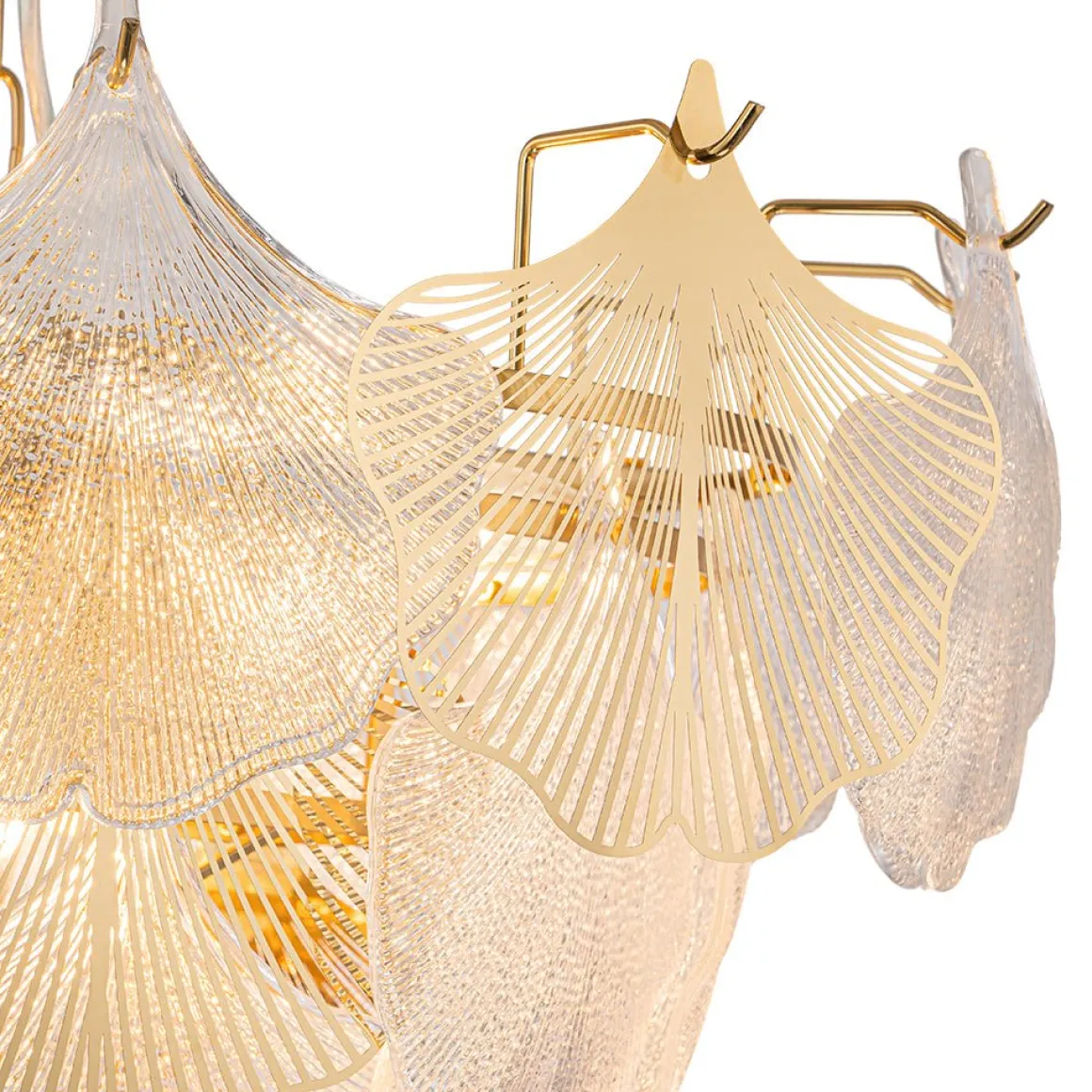 French Tiered Ginkgo Leaf Textured Glass Round Chandelier