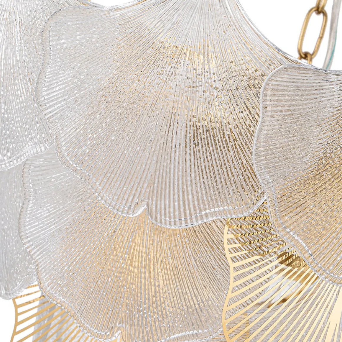 French Tiered Ginkgo Leaf Textured Glass Round Chandelier