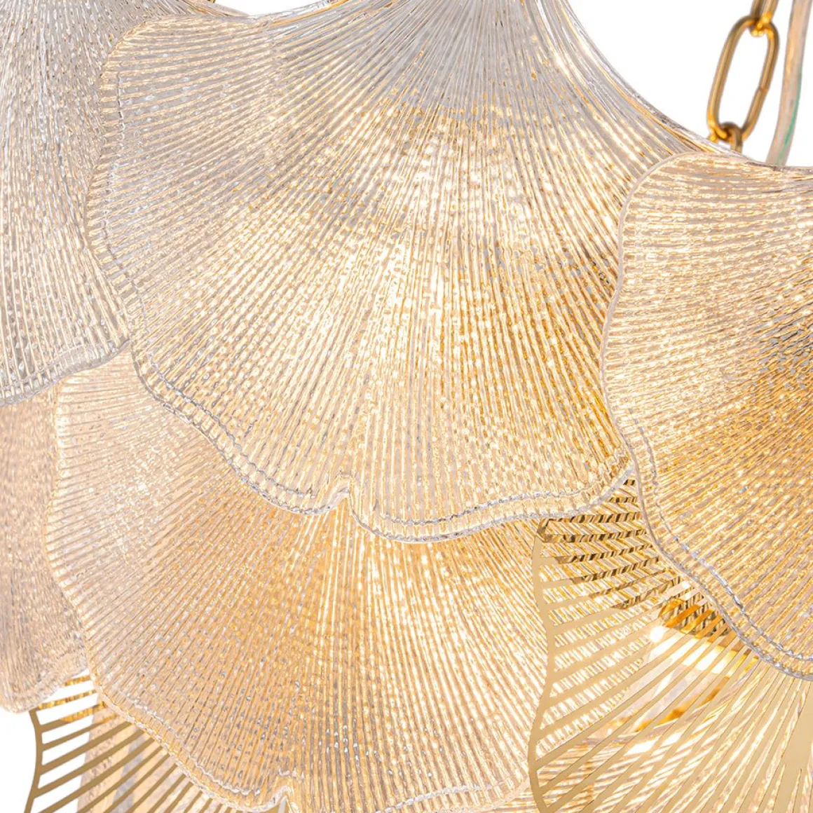 French Tiered Ginkgo Leaf Textured Glass Round Chandelier