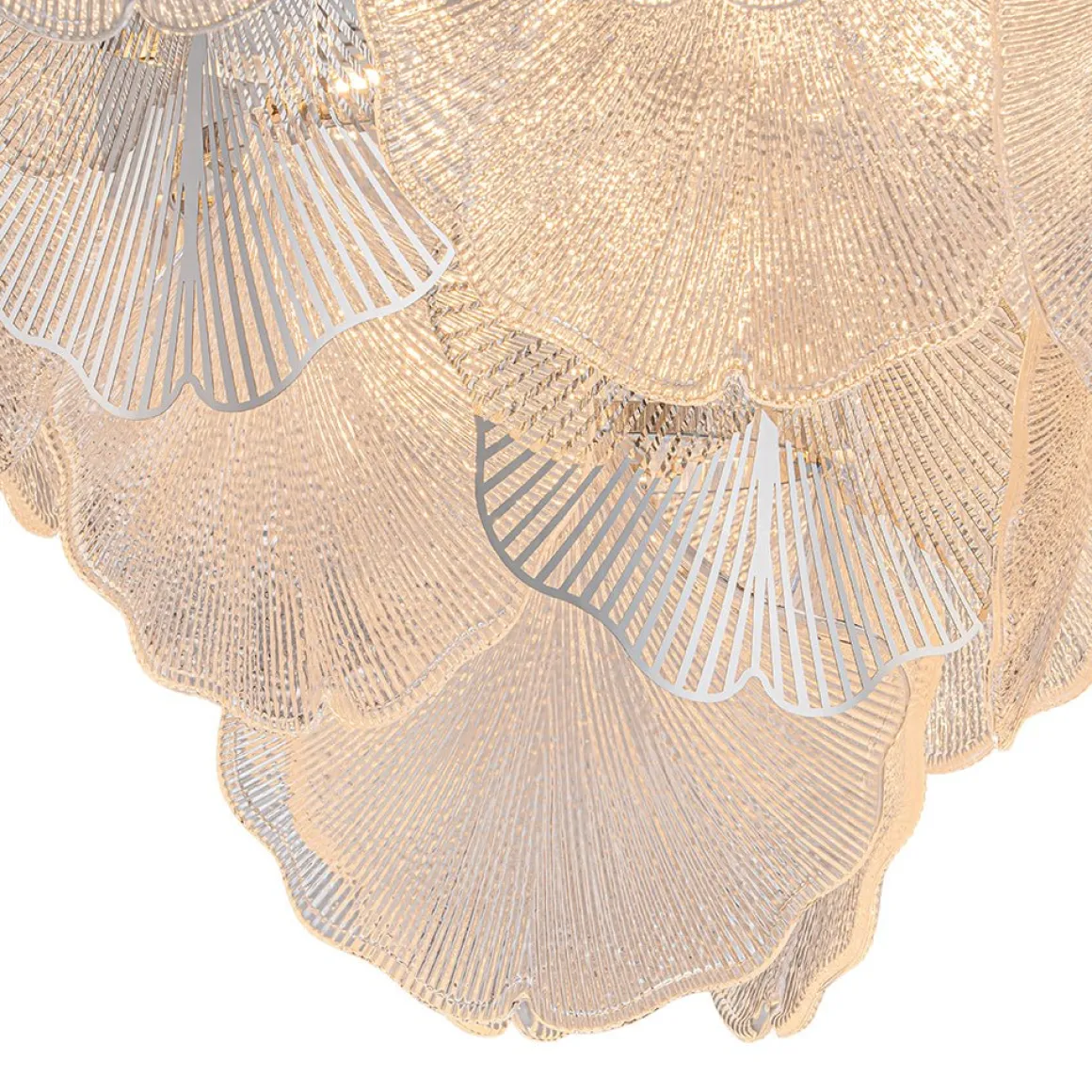 French Tiered Ginkgo Leaf Textured Glass Round Chandelier