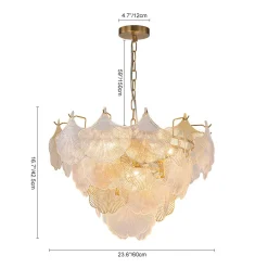 French Tiered Ginkgo Leaf Textured Glass Round Chandelier