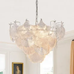 French Tiered Ginkgo Leaf Textured Glass Round Chandelier