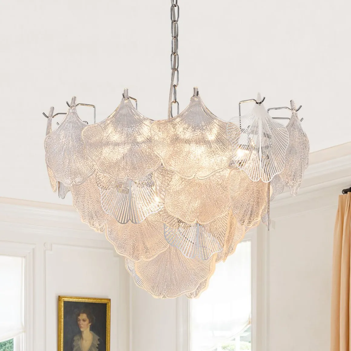 French Tiered Ginkgo Leaf Textured Glass Round Chandelier