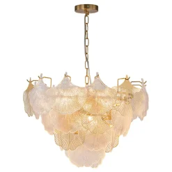 French Tiered Ginkgo Leaf Textured Glass Round Chandelier