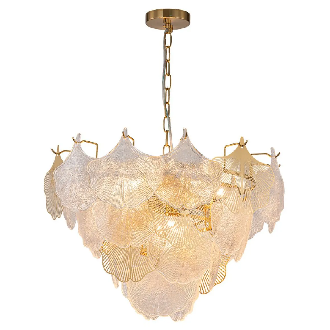 French Tiered Ginkgo Leaf Textured Glass Round Chandelier