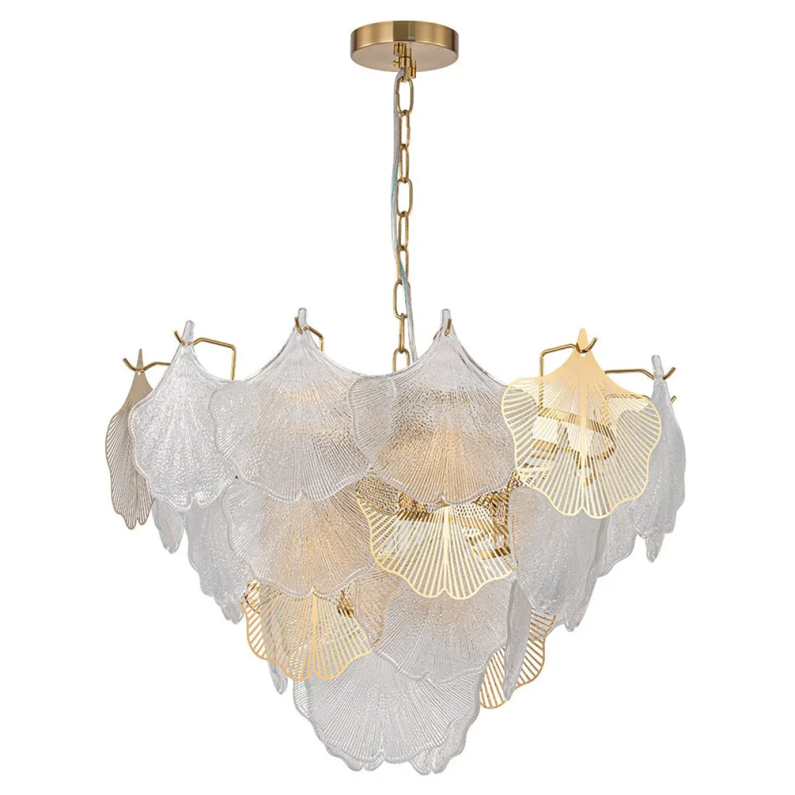 French Tiered Ginkgo Leaf Textured Glass Round Chandelier