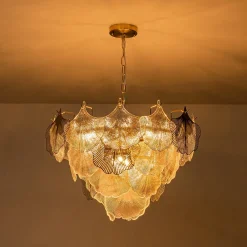 French Tiered Ginkgo Leaf Textured Glass Round Chandelier
