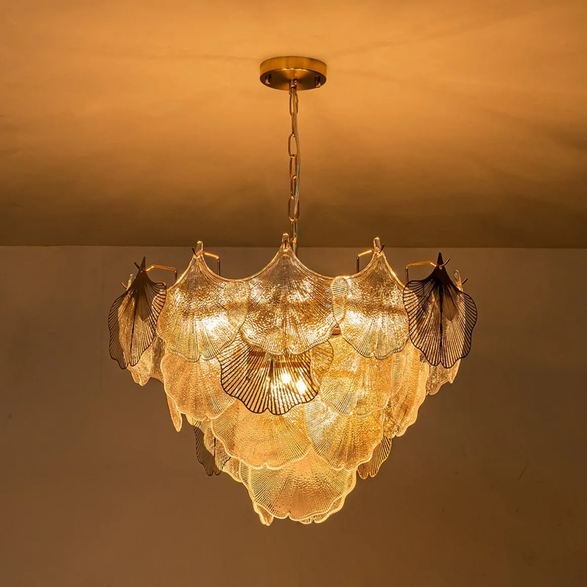 French Tiered Ginkgo Leaf Textured Glass Round Chandelier