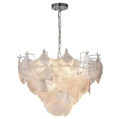 French Tiered Ginkgo Leaf Textured Glass Round Chandelier