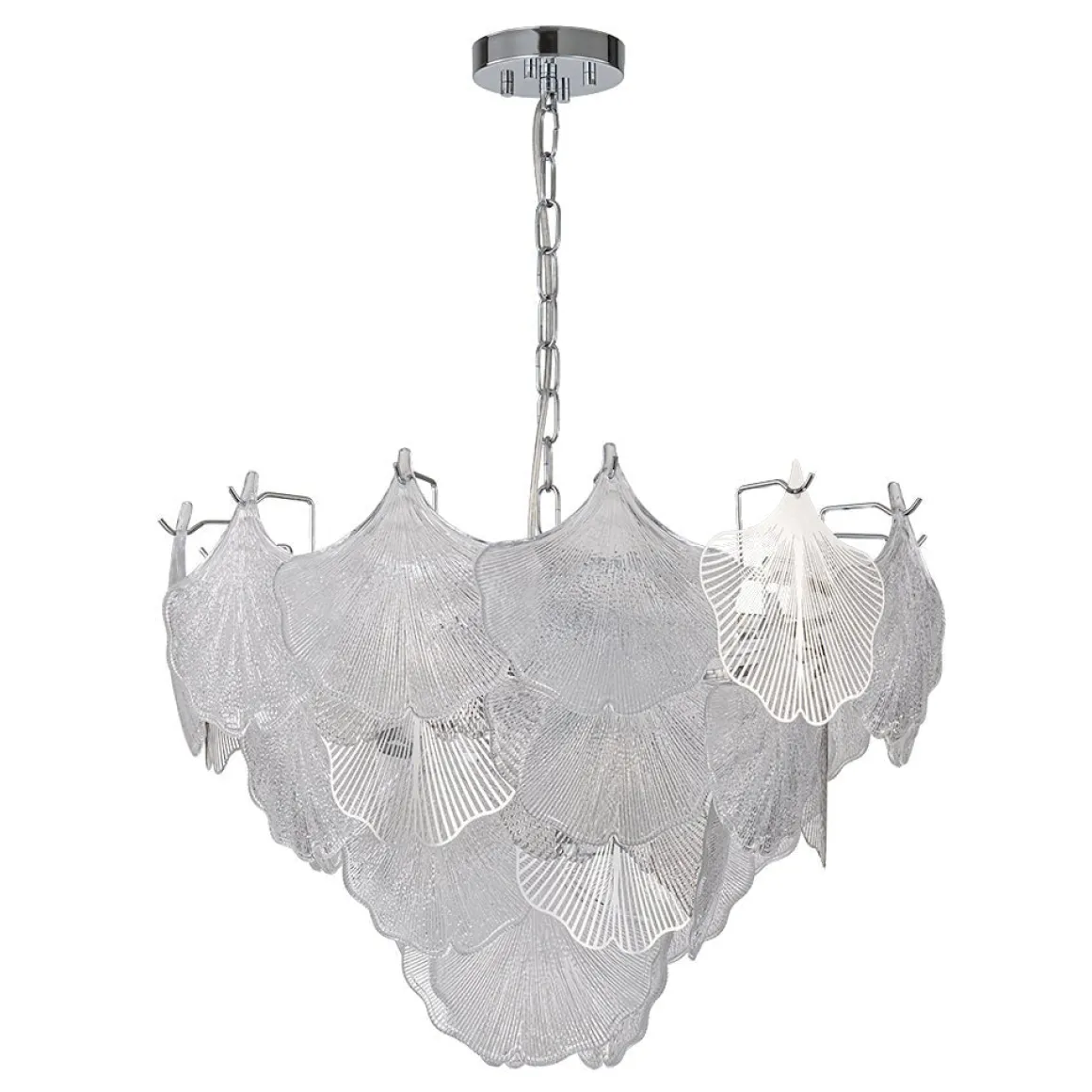 French Tiered Ginkgo Leaf Textured Glass Round Chandelier