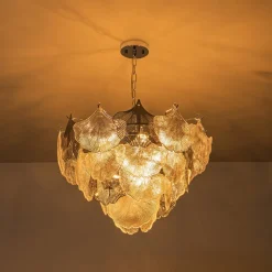 French Tiered Ginkgo Leaf Textured Glass Round Chandelier