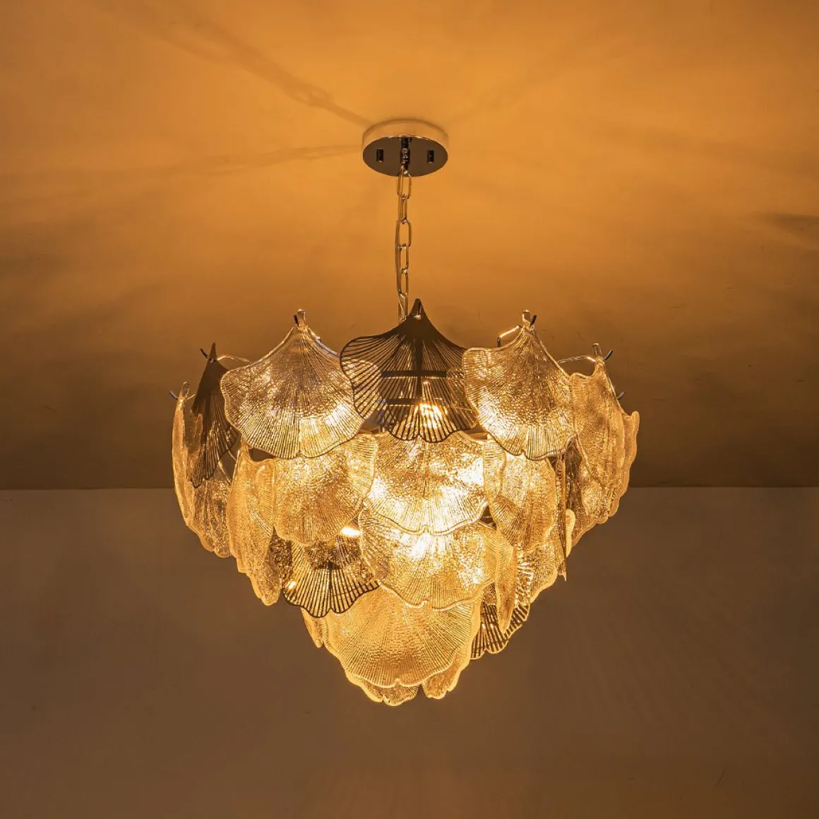 French Tiered Ginkgo Leaf Textured Glass Round Chandelier