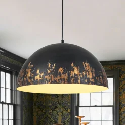 French Vintage Weathered Gilded Oversized Iron Dome Pendant